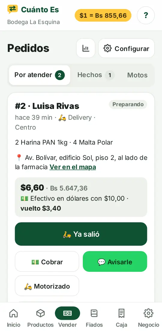 Pantalla de pedidos: un pedido con delivery, la dirección, cuánto pagar, el vuelto y los botones Ya salió, Cobrar y Motorizado